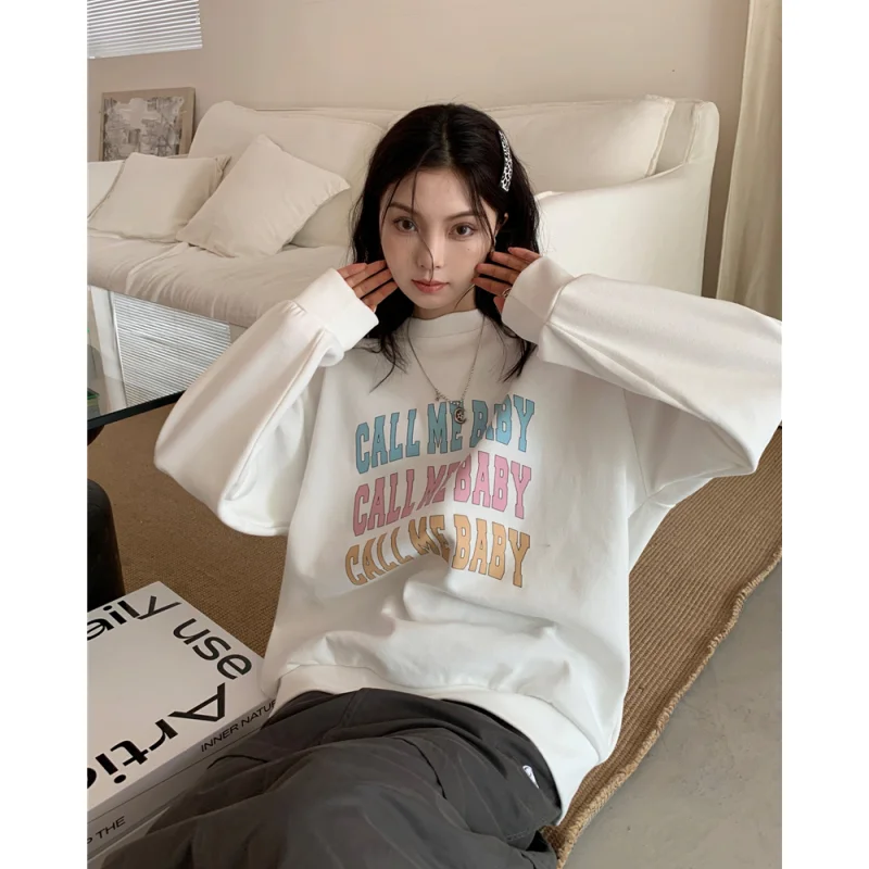 

White Sweatshirt Women Purple Thicken Round Neck Fashion Y2K Style Letter Printing Wind Long Sleeves 2024 Female Pullover Top