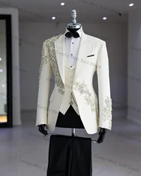 Pearls White Men Suits Set 3 Piece Blazer+Vest+Black Pant Office Prom Groom Wedding Tuxedo Coat Tailored Made Business Jacket