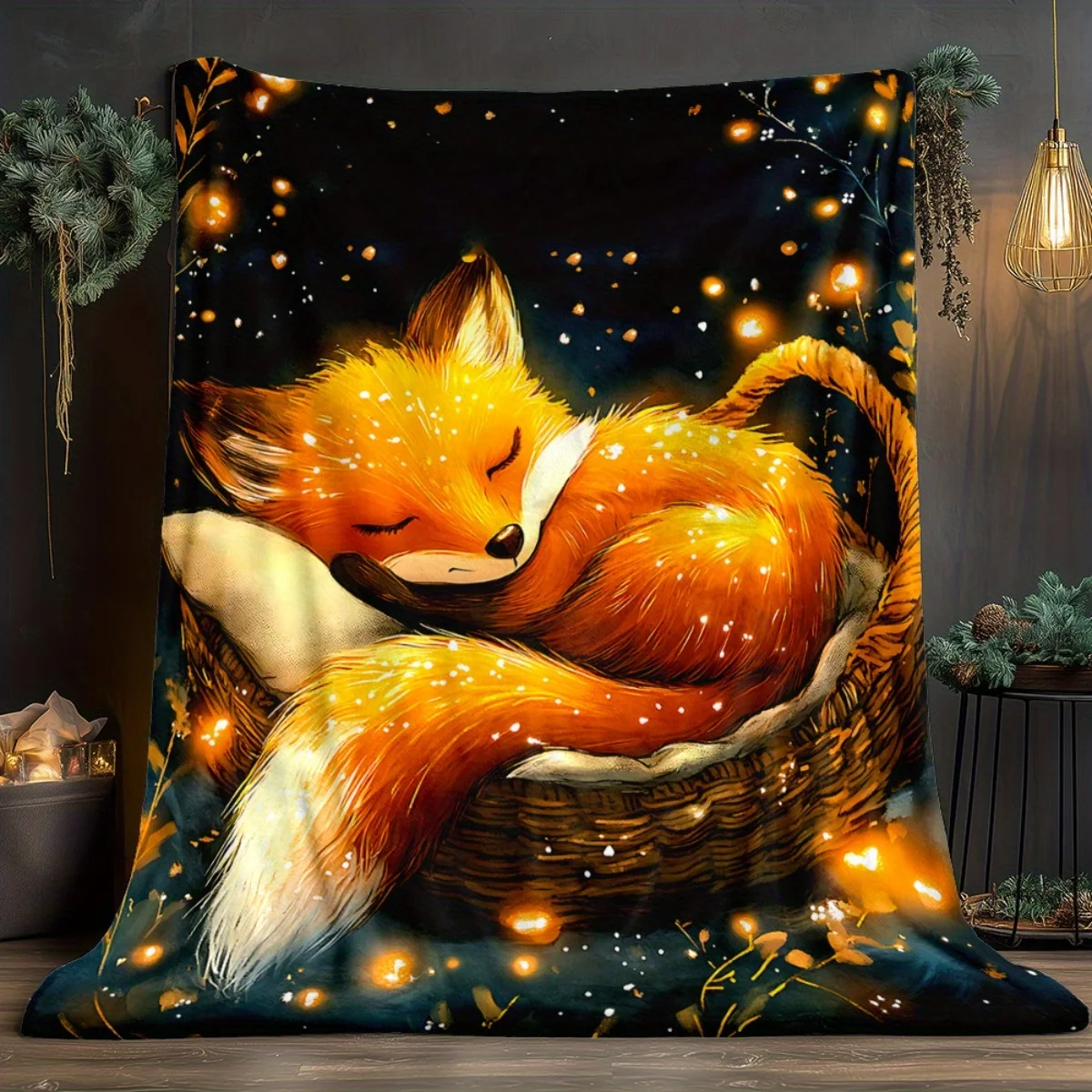 A Single Piece of a Lightweight Flannel Blanket Featuring a Fox Sleeping in a Nest, Perfect for Home Decor. This Soft And Warm D