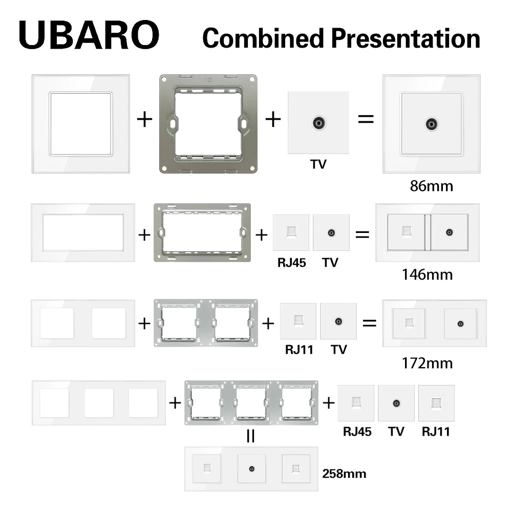 UBARO 258*86mm Fr Standard Glass Panel Wall Socket And RJ45 RJ11 TV Signal Terminals Plug Home Outlet AC110-250V 16A