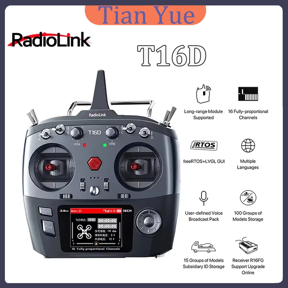 

Radiolink T16D 16CH RC Remote Transmitter R16F Receiver 2.4GHz Long Range for RC Car Boat Drone