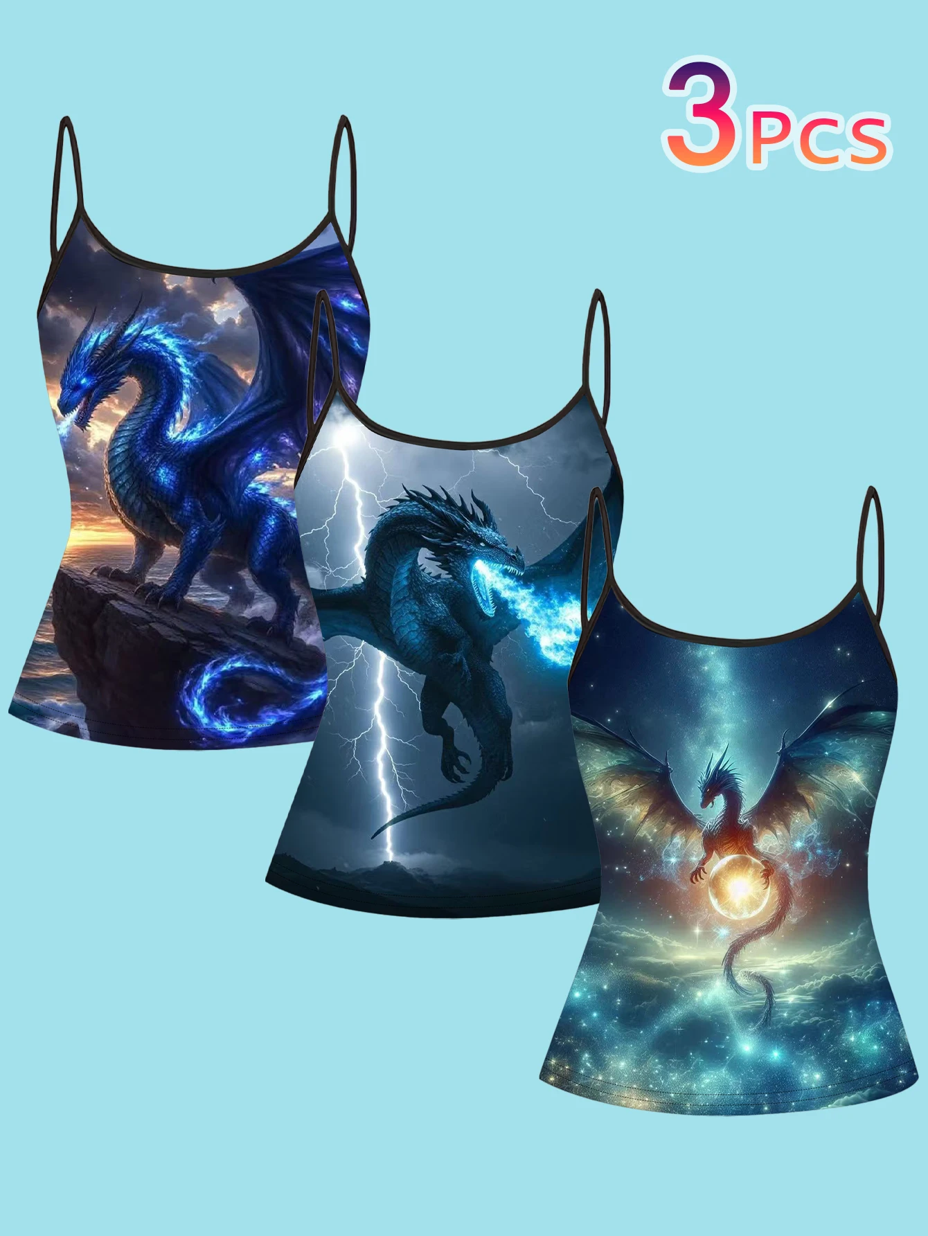3-Piece Set of Iridescent Dragon Print Camisoles, Fantasy Cool Style Bold Tank Top Set, Trendy Women's Tops with a Unique Vibe