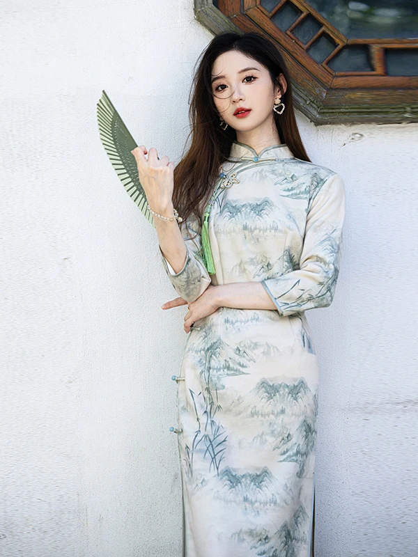 

Элегантное длинное платье в стиле ретро, новое, китайское, высококачественное, для повседневной носки, с низким разрезом, из полиэфирного волокна