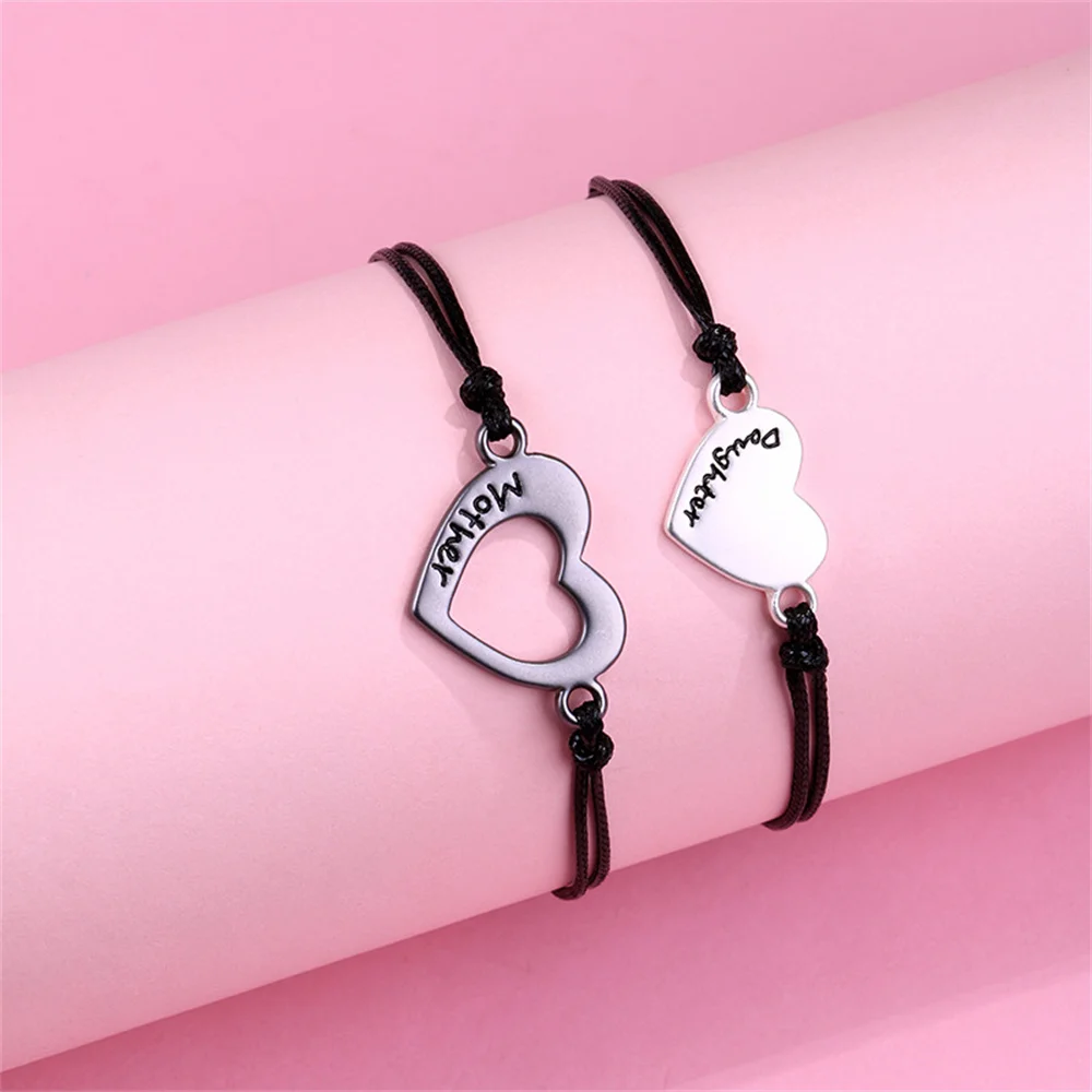 2Pcs Mother and Daughter Hollow Heart Braided Bracelet Adjustable Love Wrist Rope Bangle DIY Jewelry Accessories Festival Gifts