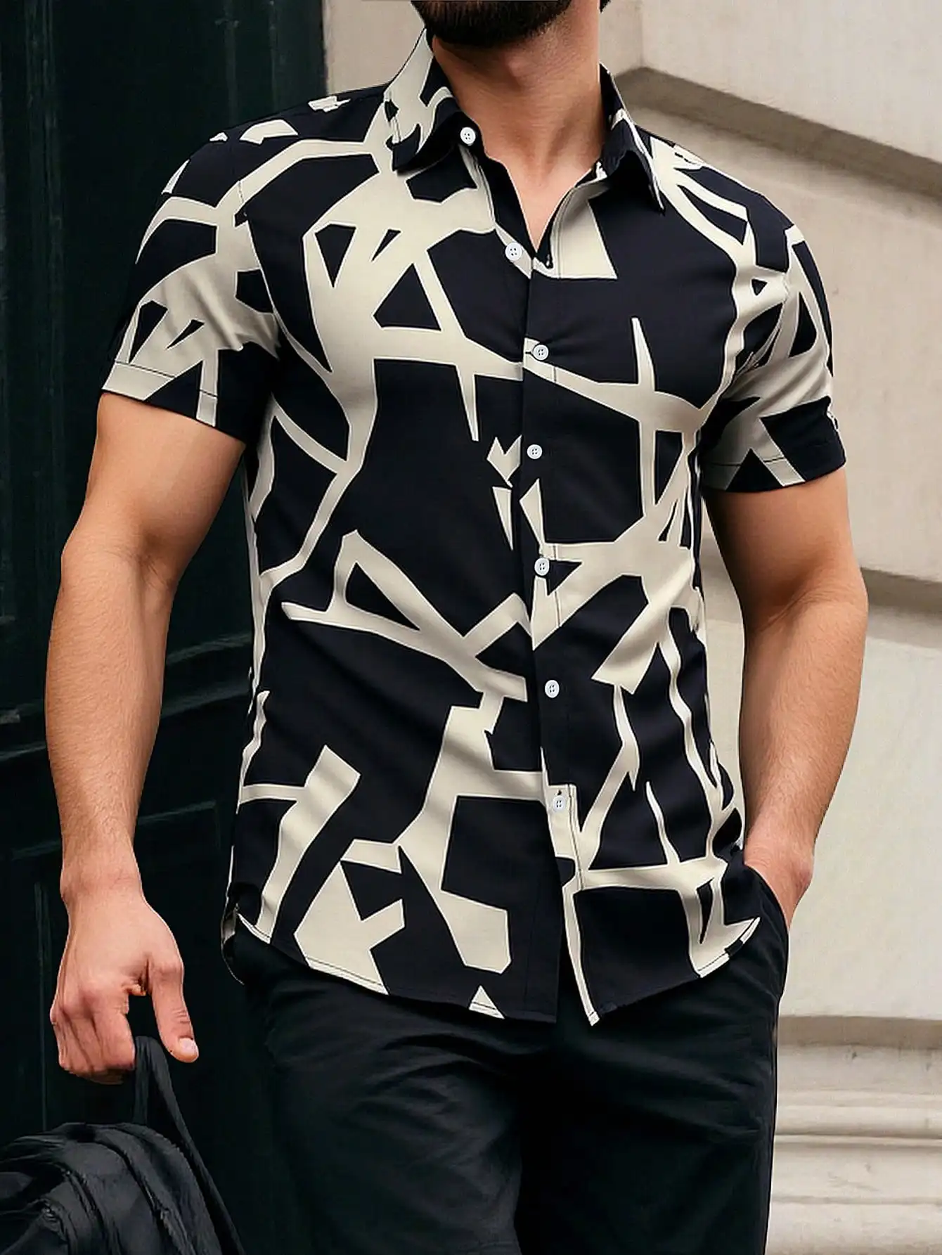 

Men's Abstract Geometric Print Short Sleeve Casual Shirt - Black & Beige