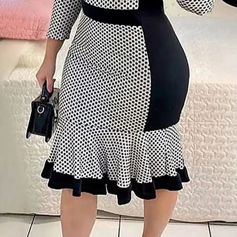 Elegant Dress for Women Fashion 2024 Summer Casual Long Sleeved Polka Dot Printed Contrasting Ruffle Edge Bodycon Dresses Sexy