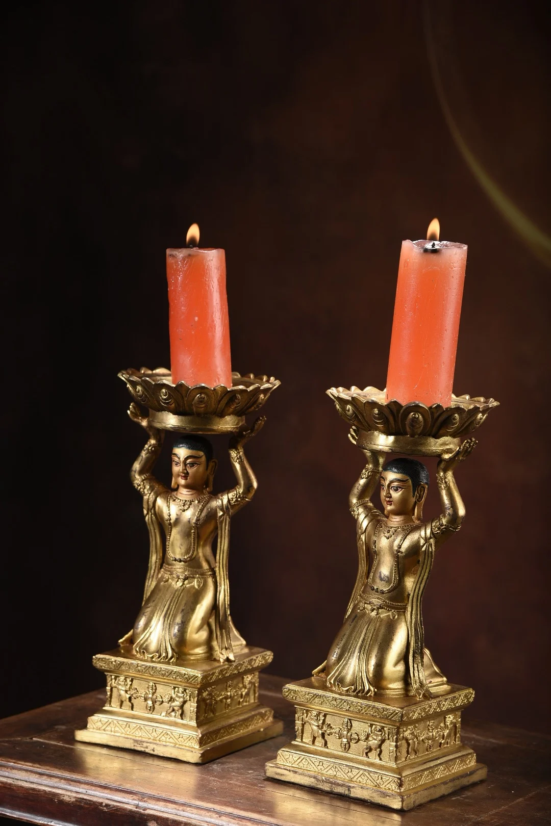 

9"Tibetan Temple Collection Old Bronze Gilded Cinnabar Kneeling Sservant Maid Lotus oil lamp Candlestick A pair Worship Hall