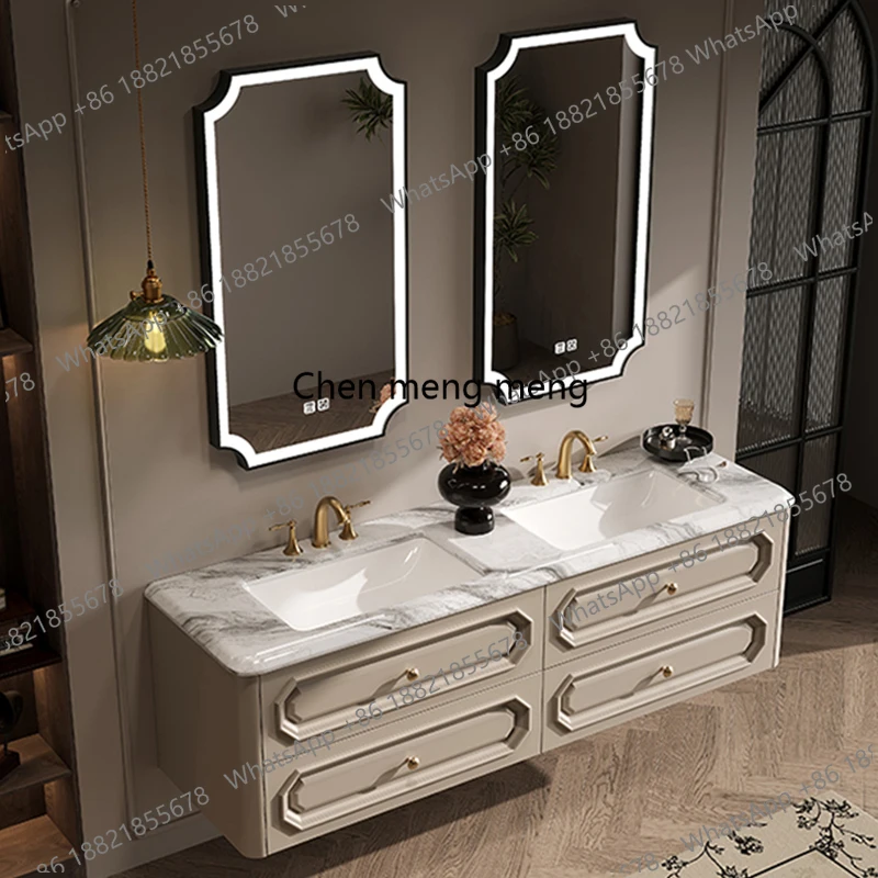 

French Retro Bathroom Cabinet Luxury Stone Integrated Ceramic Basin Bathroom Solid Wood Bathroom Wash Cabinet Combination