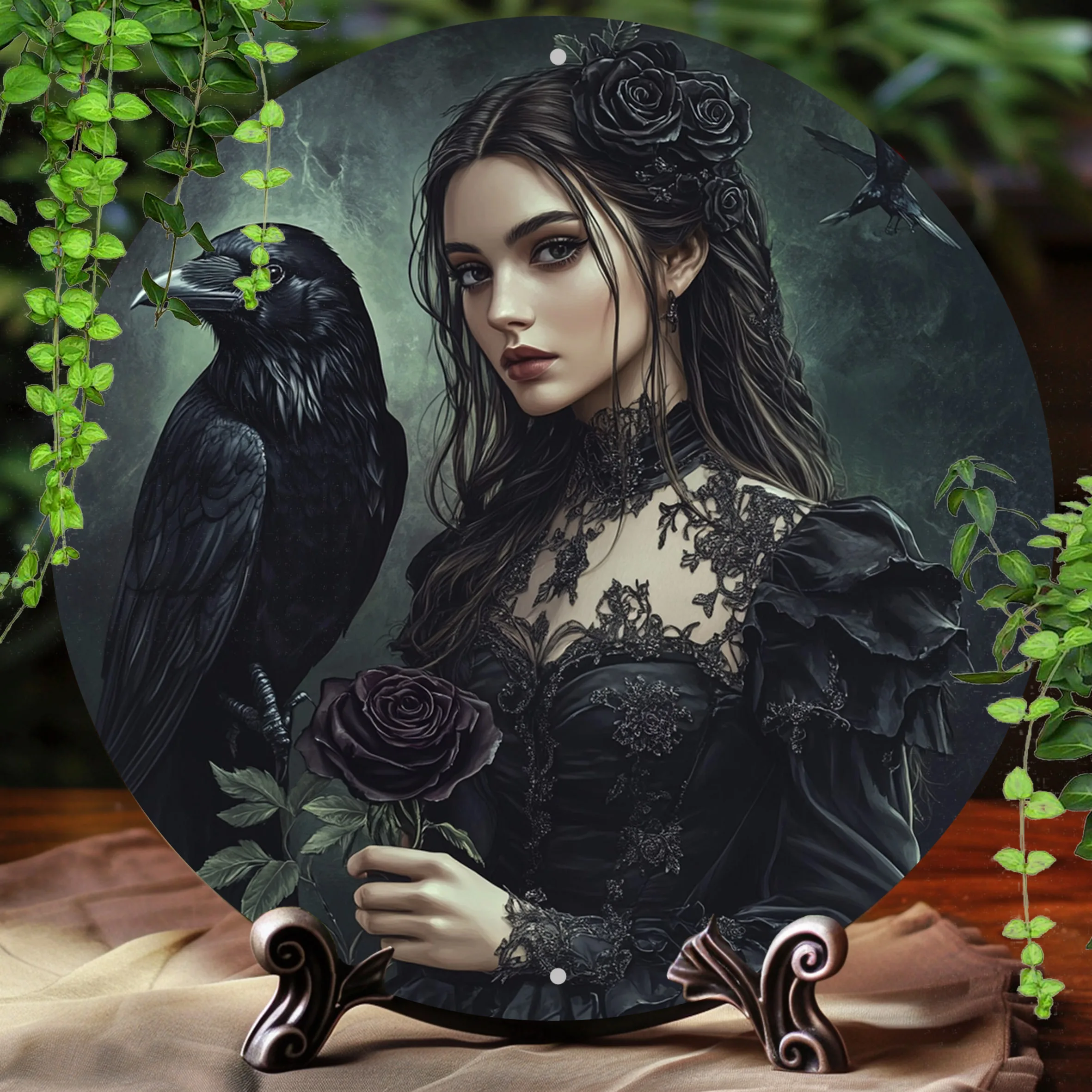 [Christmas Halloween Gifts] 2D Flat - 1pc, 2D Flat Print, Round Vintage Metal Aluminum Sign Wall Art, Crow Elf Themed, for Bar K