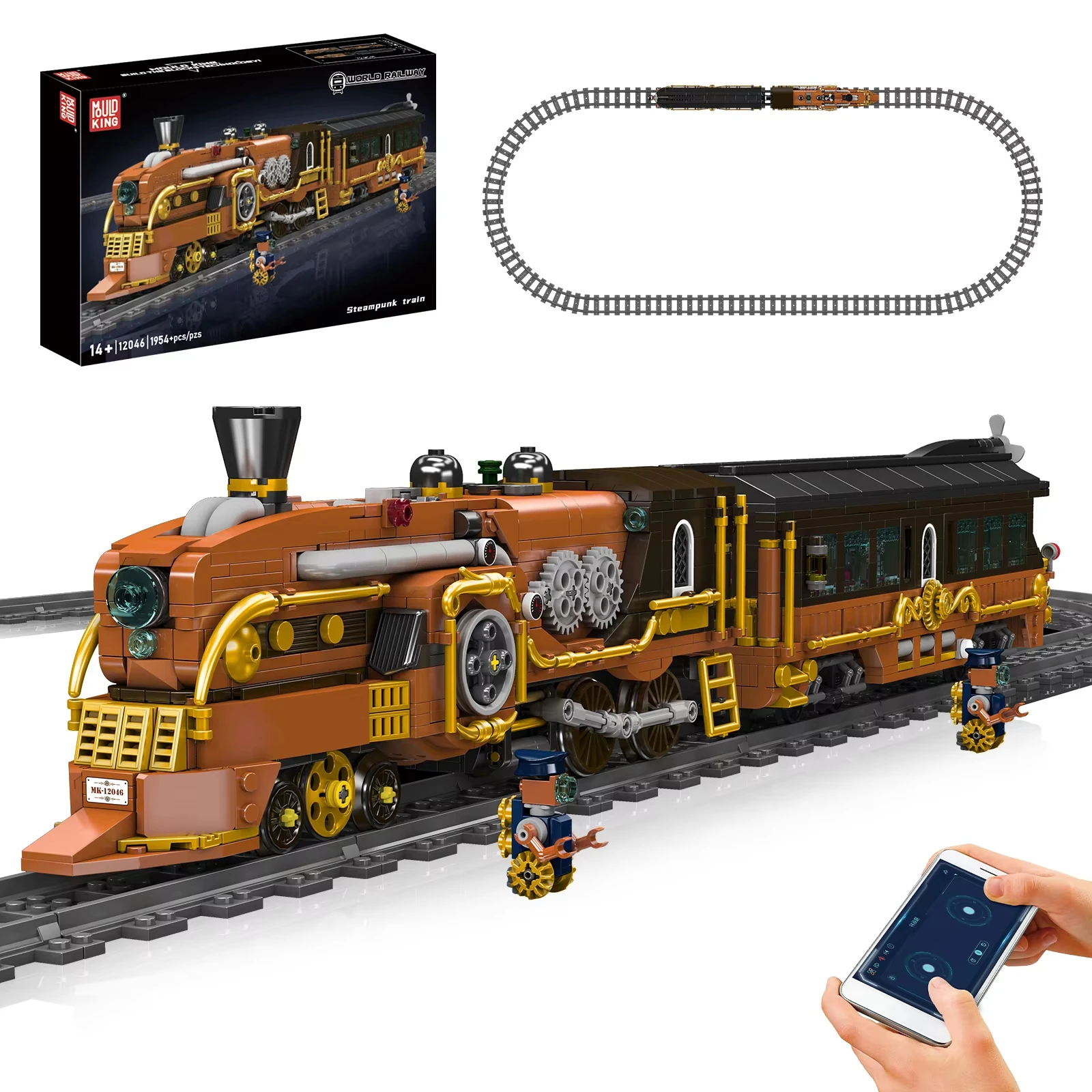 MOULD KING 12046 Technical Electric Steampunk Locomotive Buidling Block Retro Sci-Fi Steam Wagons Train Toy for Railway Gifts