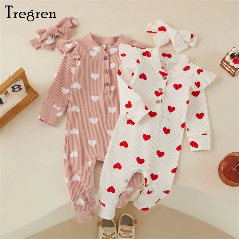 Tregren 0-18M Newborn Baby Girls Romper Sweet Heart Print Long Sleeve Crew Neck Jumpsuit With Bow Knot Headdress Fall Clothing