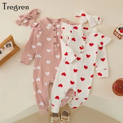 Tregren-Pelele con estampado de corazón para niñas recién nacidas, mono de manga larga con cuello redondo, tocado de lazo, ropa de otoño, 0-18M