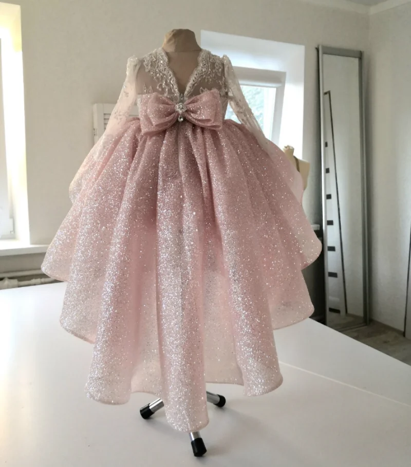 High-Low Fluffy Girls Dresses Sheer Neck Tiered Long Train Kid Birthday Party Gown Christmas Dress Photography