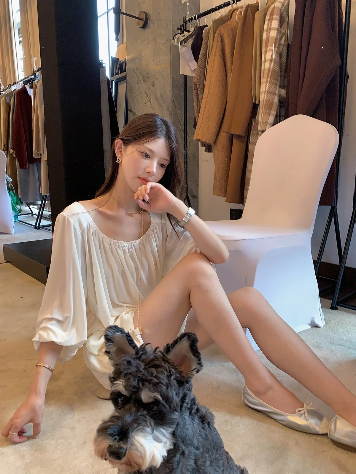 

Seeyouiceland Flutter Smooth Acetate Knitted irt White Series Women's Casual Sle irt Polyester Blend Knitwear