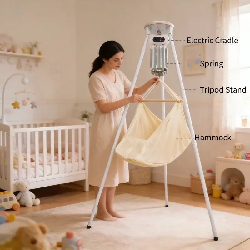 2026 New, High Quality, Modern Foldable Electric Cradle Hammock with Metal Stand European Spring Design for Baby Bedroom and