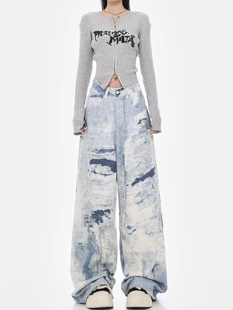 

Korea Autumn New American High Street Washed Tie-Dye Design High Waisted Wide Leg Jeans For Women