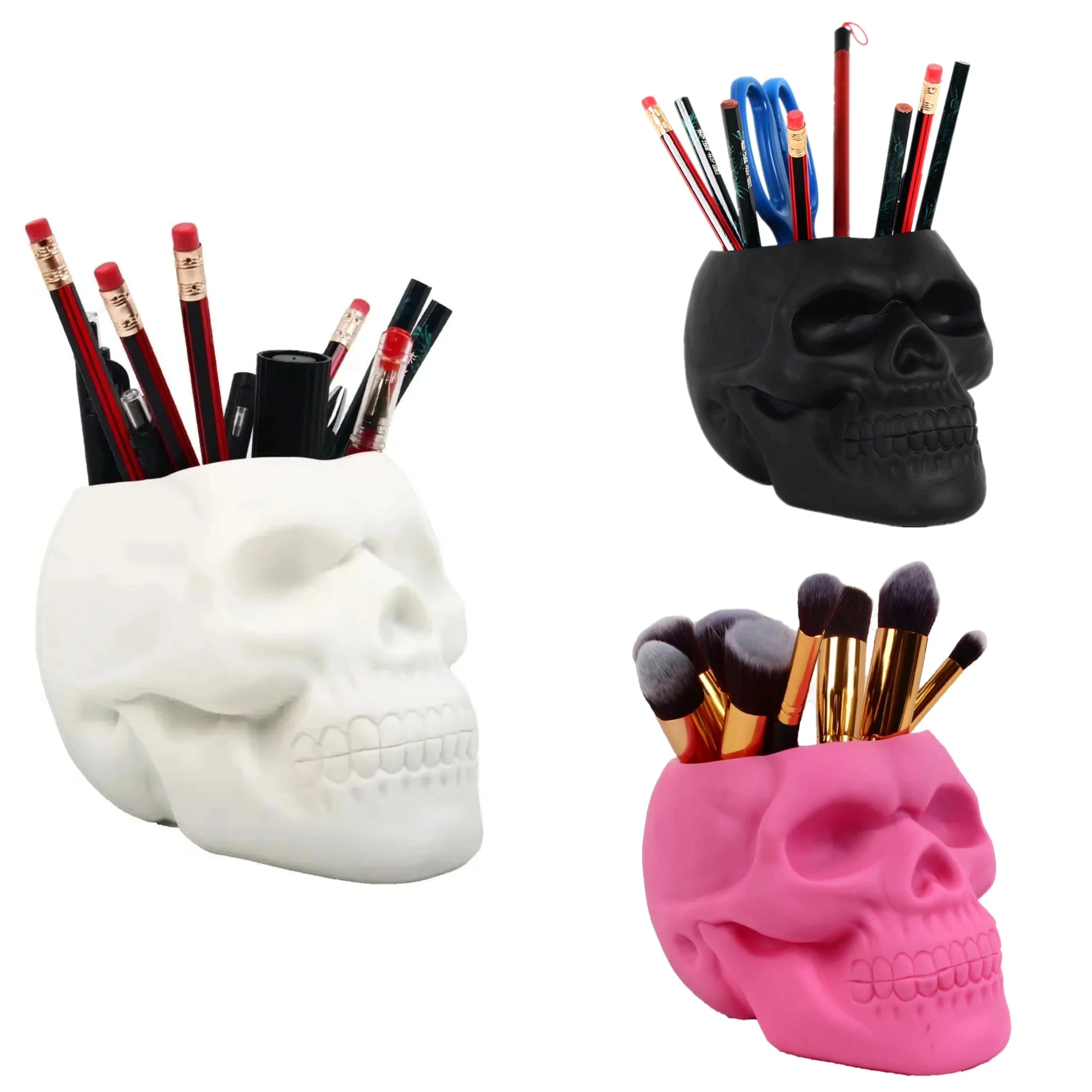 Skull Shaped Makeup Brush Gothic Spooky Skull PVC Pen Pencil Holder Home Office Desk Prop Holder Storage vase Supplies