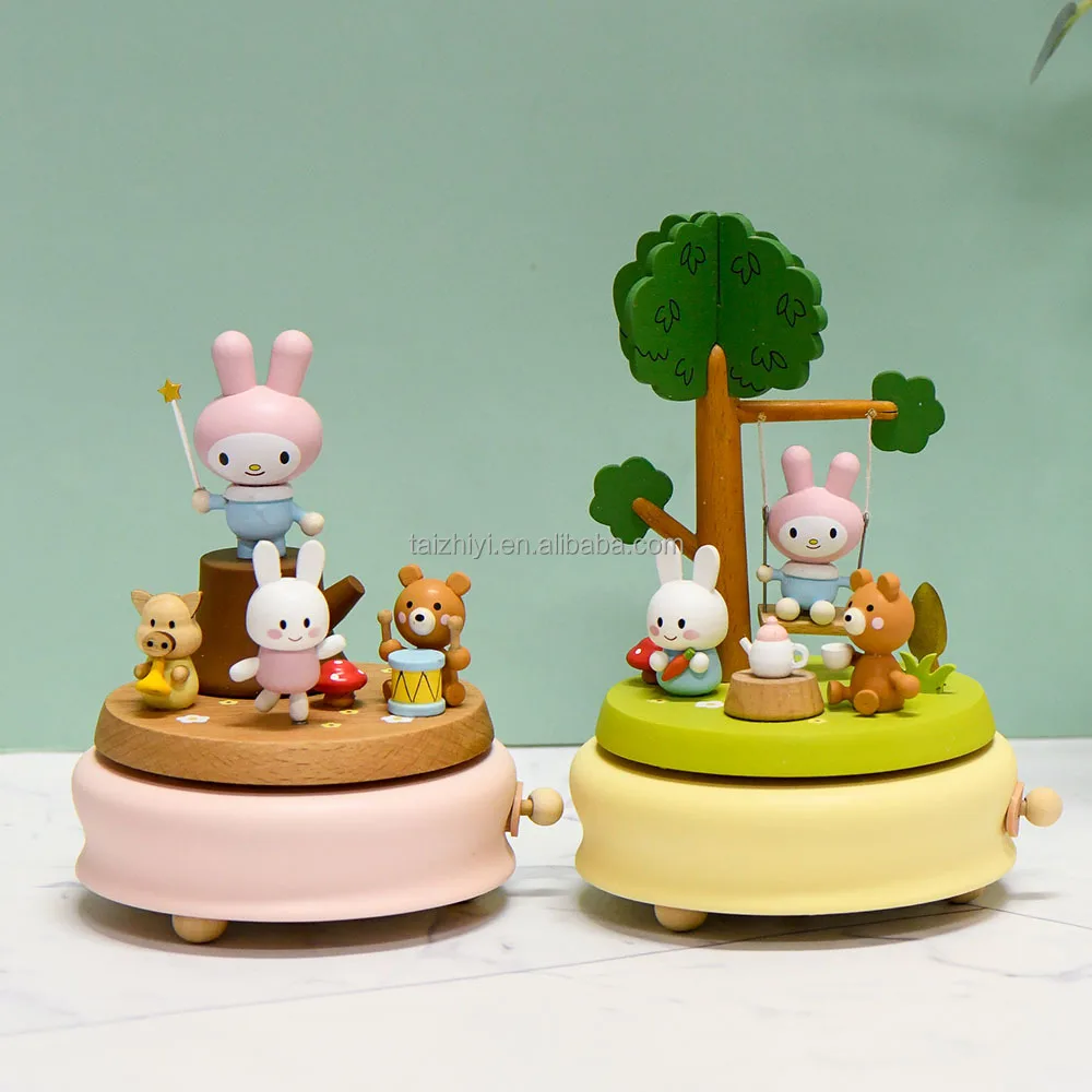 

Personal Logo Customization Cute Animals Design Wind Up Clockwork Rotating Wooden Kids Music Box For Gift