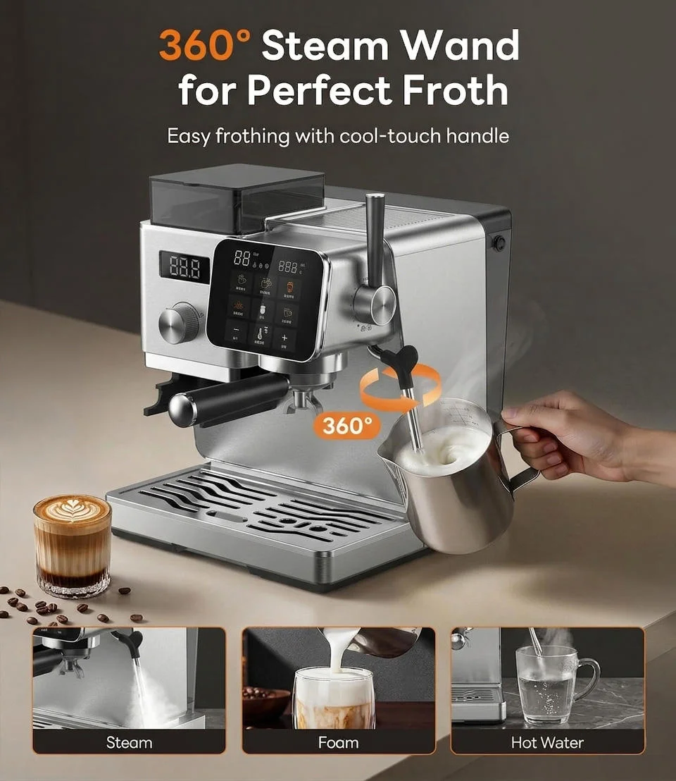 Espresso Machine with Grinder and Milk Frother 20 Bar Dual Pump 92°C Pre-Soak Cappuccino Latte Macchiato Mocha