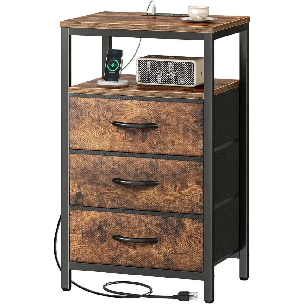 

Large Charging Nightstand, 27.6 Fabric-Drawer Bedside Table with USB and Outlet Ports