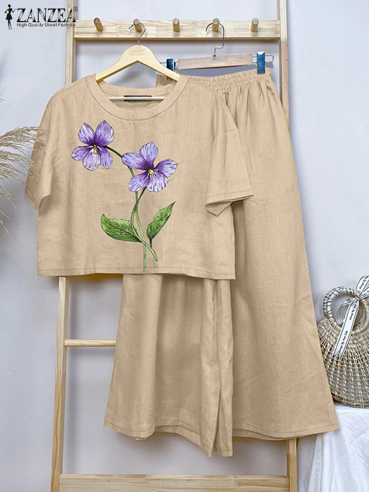 

2025 ZANZEA Summer Trousers Suit 2pcs Women Outfits Casual Short Sleeve Blouse Work Pant Sets Printed Tracksuits Matching Sets