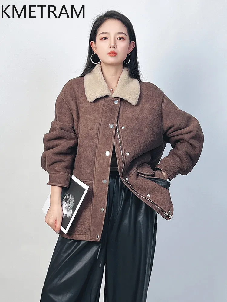 KMETRAM Real Sheepskin with Wool Attached Coats Vintage Oversized Fur Jacket Winter Warm Fur Coat Woman Clothing 70cm 2026 шуба