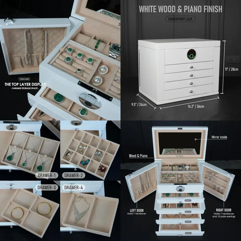 

Большая деревянная шкатулка для украшений с замком по отпечатку пальца, 7-уровневым органайзером, вешалкой и зеркалом, глянцевое покрытие