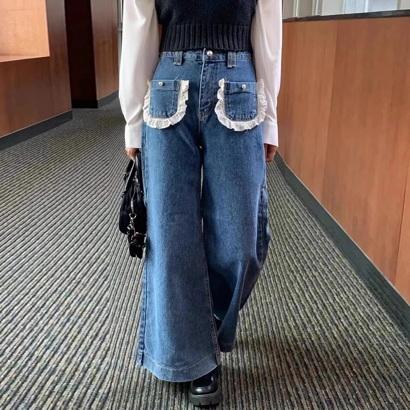 

Chic High Waist Wide Leg Denim Pants Autumn Faion Agel Design ket Detail Lace Trim Versatile Women's Long Trousers