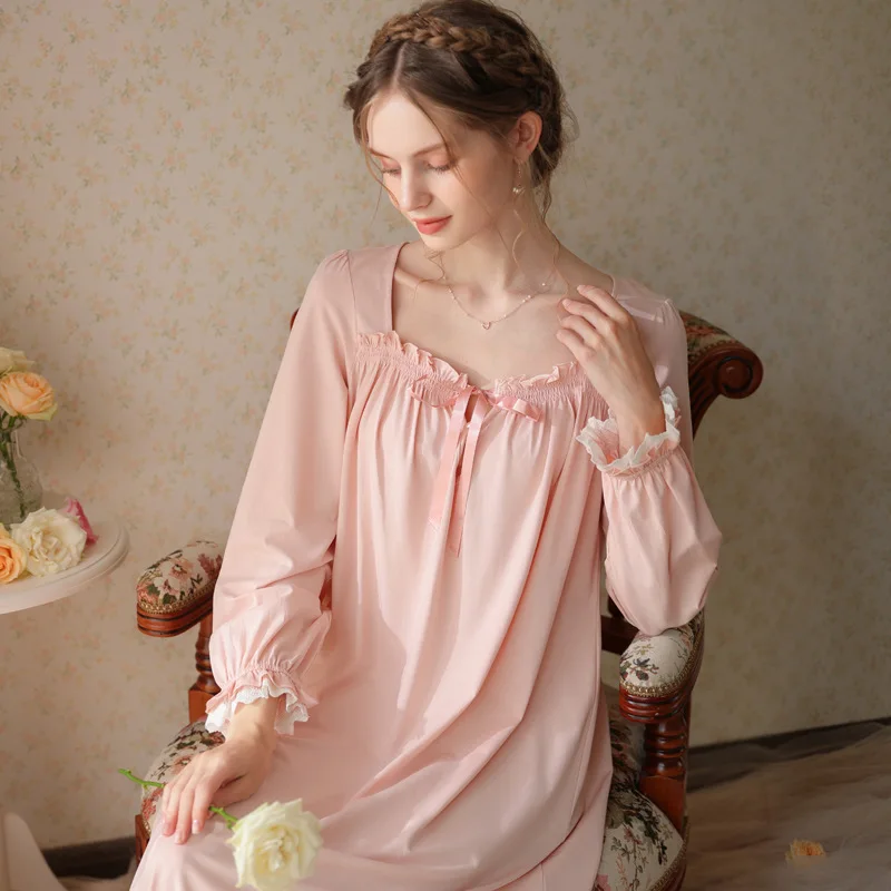 

Women Cotton Night Dress Spring Autumn Long Sleeve Loose Robe Sweet Lace Romantic Vintage Nightgown Princess Sleepwear Homedress