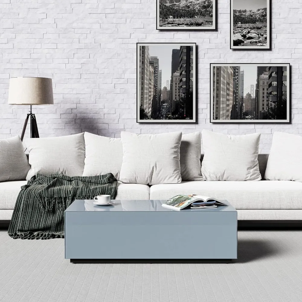 

Premium Tempered Glass Coffee Table - Modern Gray Rectangular Coffee Tables for Living Room - High Gloss Fingerprint Resistant