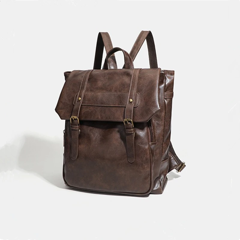

Nesitu High Quality Vintage A4 Coffee PU Leather Men Women's Backpack Girl Female Travel Bag M25792