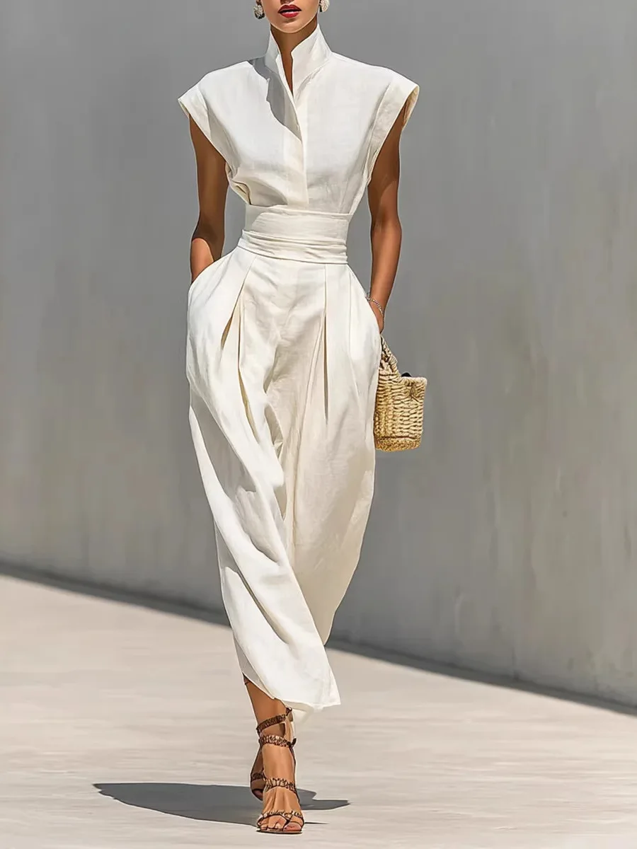Zomerse Nieuwe Hoge Taille Zakjurk Elegante Dames Slim Geplooide Midi Jurken Mode Effen Staande Kraag Mouwloze Jurk voor Dagelijks Gebruik - afbeelding 2