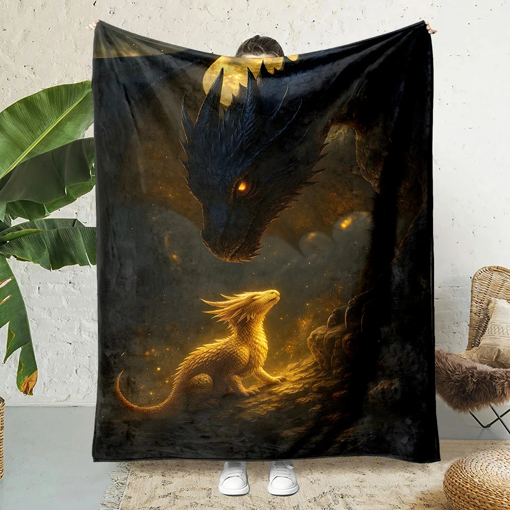 

Dark dragon watching golden hatchling Print Blanket Warm Soft Fluffy Kids and Adult Sofa Bed Throw Outdoor Travel Camping RV