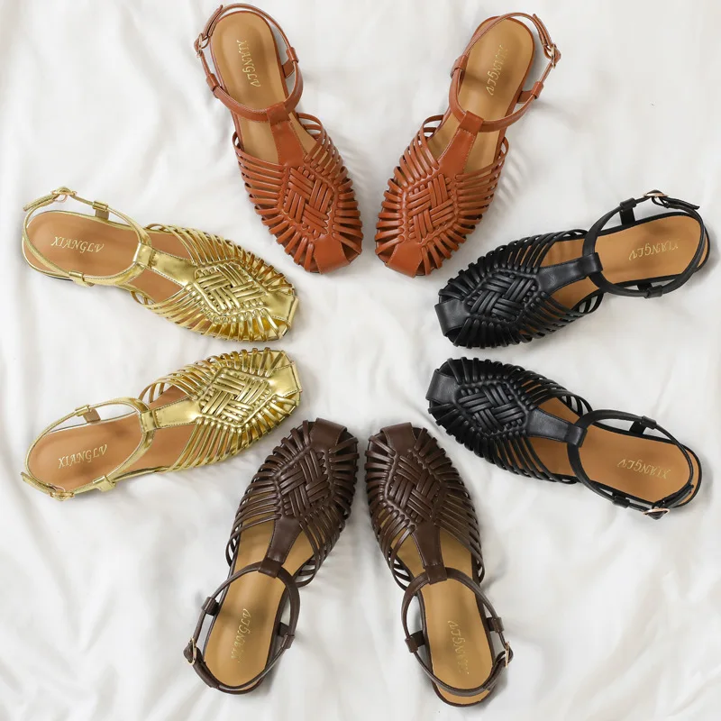 

Винтажные плетеные сандалии в римском стиле, летняя повседневная обувь с пряжкой