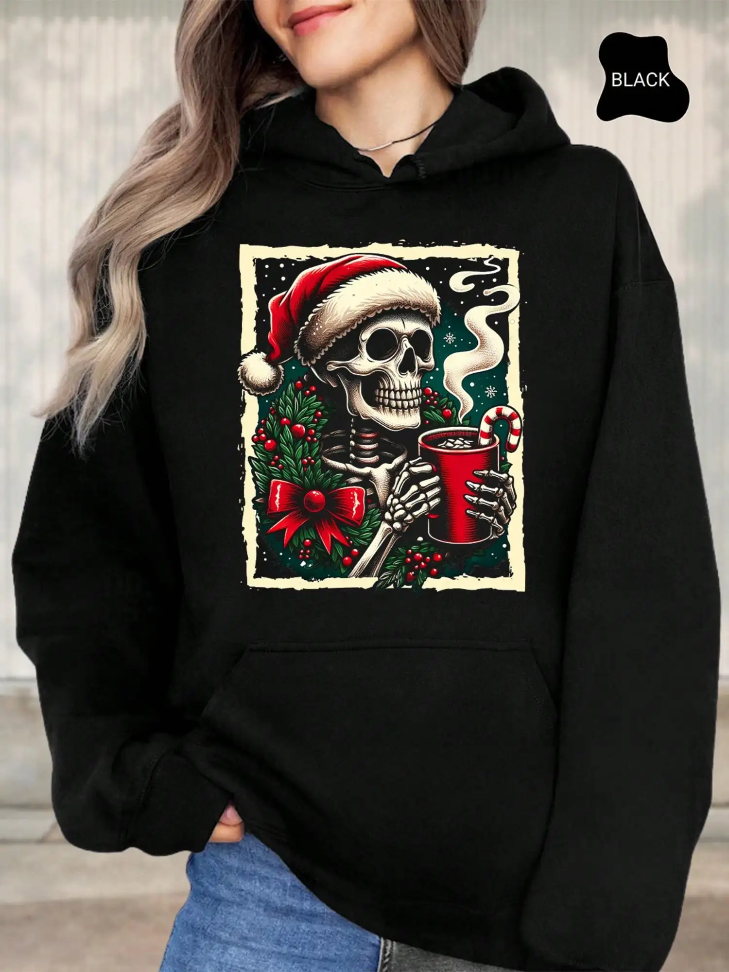 Christmas Skeleton Hot Cocoa Dead Inside Spooky Xmas Holiday Women Men Hoodie Sweatshirt, Festive Skeleton Graphic Sweatshirt, Dark Humor Xmas Top (2)