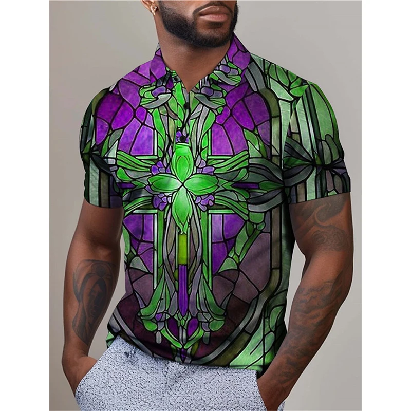 3D Print Floral Cross Pattern Golf Shirts Men's Vintage Turndown Collar Polo Shirt Streetwear Short Sleeve Oversized Polo Shirts