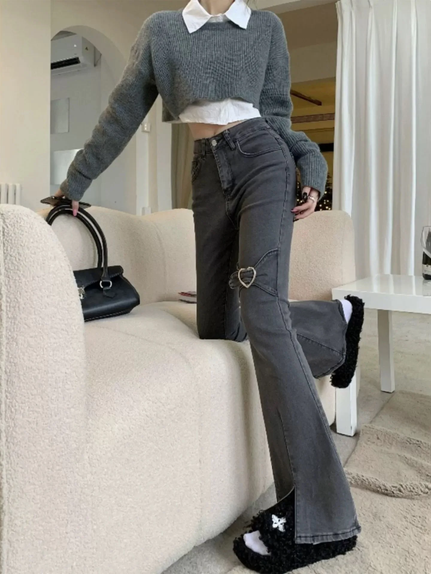 Women's Split Flared Pants Autumn New Item Black Gray High Waisted Slim Fit Micro Flared Pants Casual Jeans