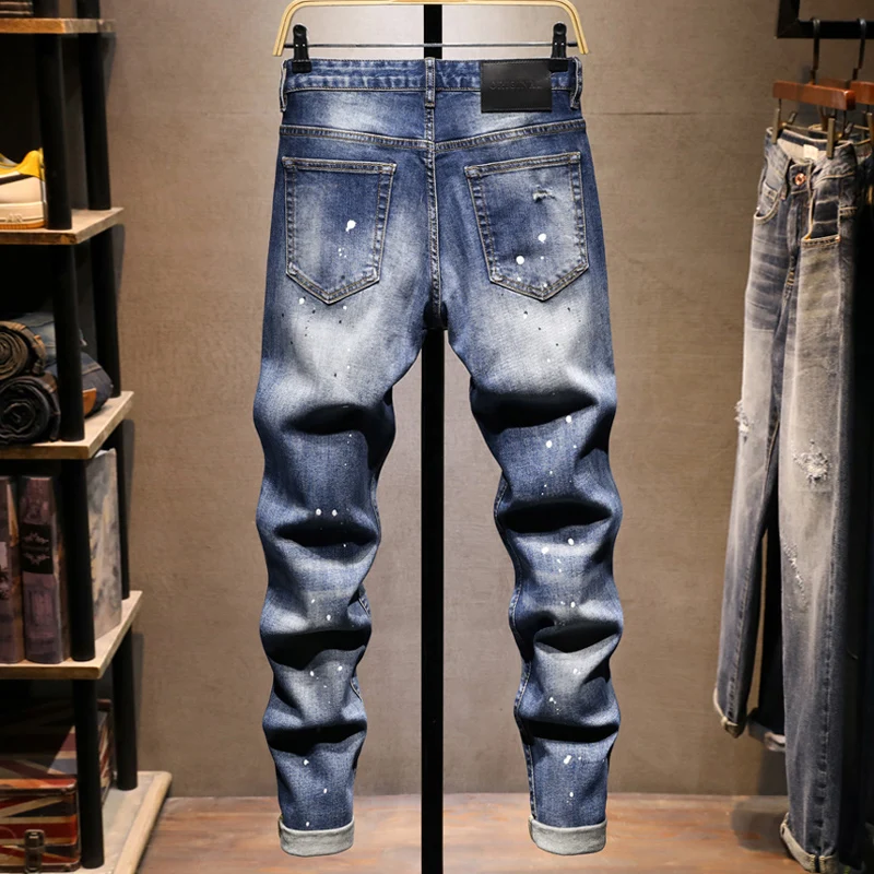 

ItalianY2K fashion new men's jeans, painted, perforated, washed, nostalgic, elastic, slim fit, retro blue jeans, designer pants