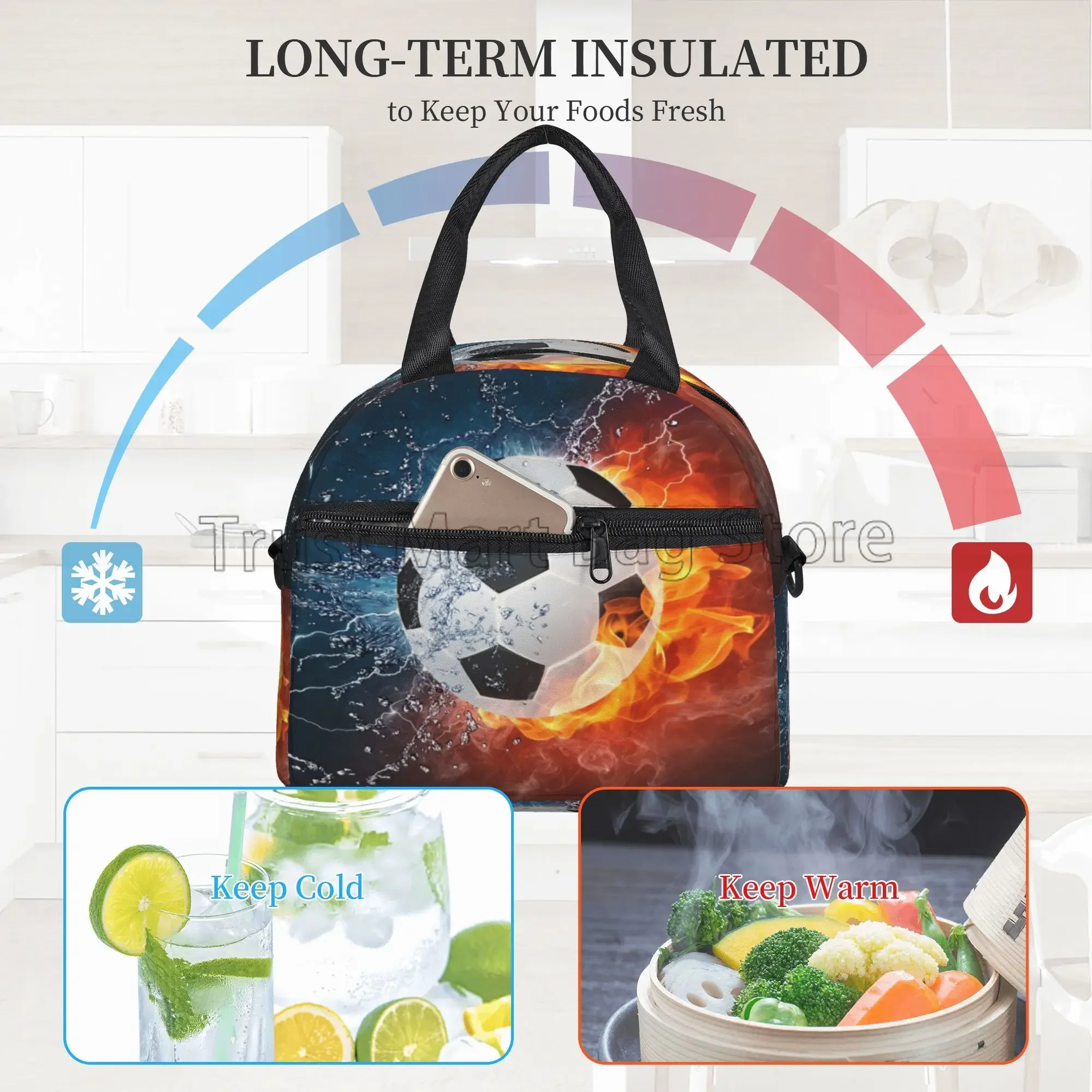 Soccer Ball Thermal Lunch Box Sports Football Insulated Lunch Bag for Boys Girls Adults Reusable Bento Tote with Shoulder Strap