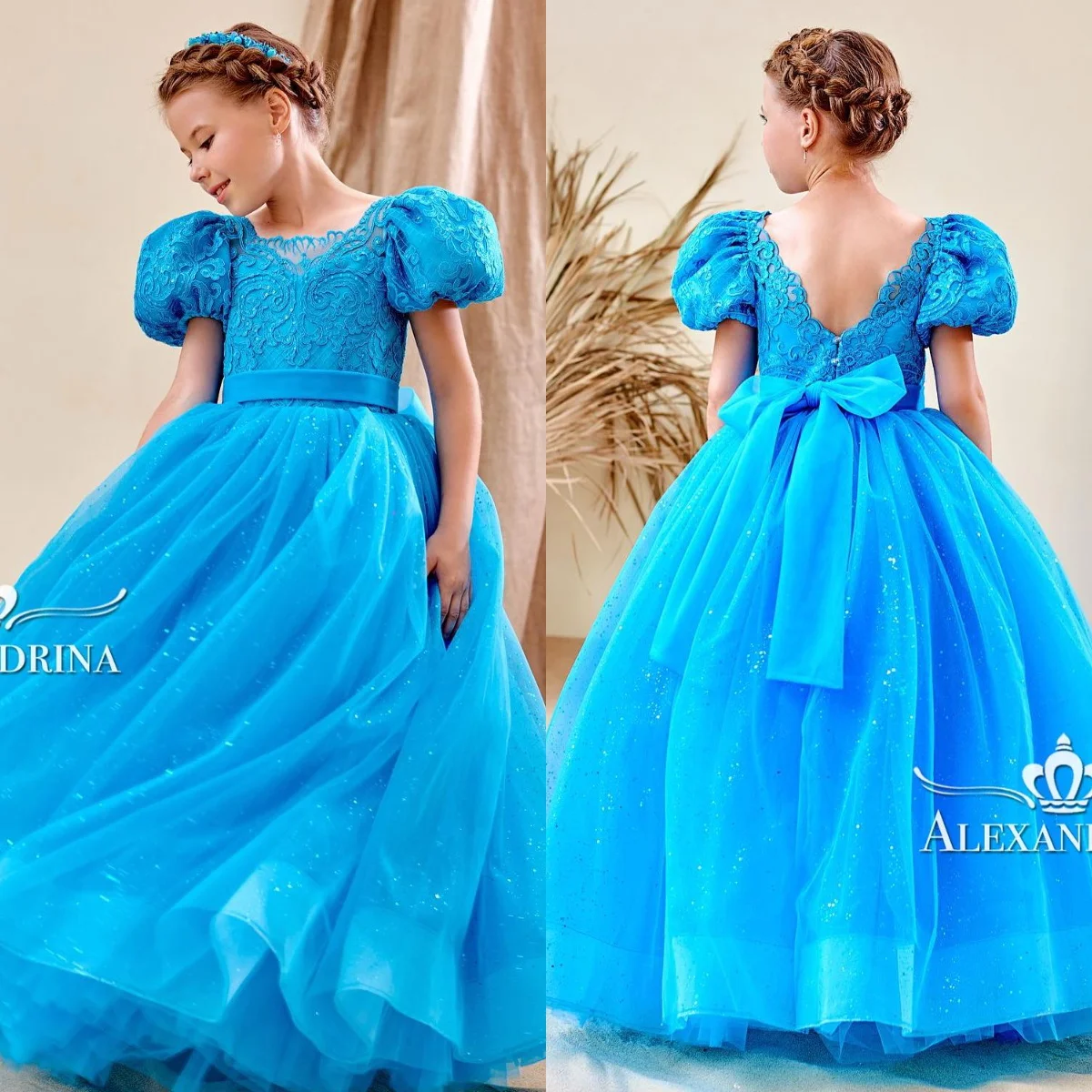 Blue Lace Flower Girl Dresses Shiny Tulle Bow Princess Quinceanera Baby Girl's Birthday Party Gowns Customized