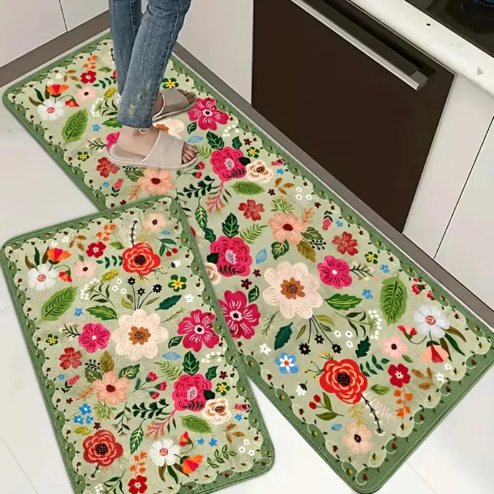 Non-Slip Soft Green Vintage Floral Kitchen Mats Dining Room, Laundry, Hallway Bedroom Extended Rug Door Mat Machine Washable