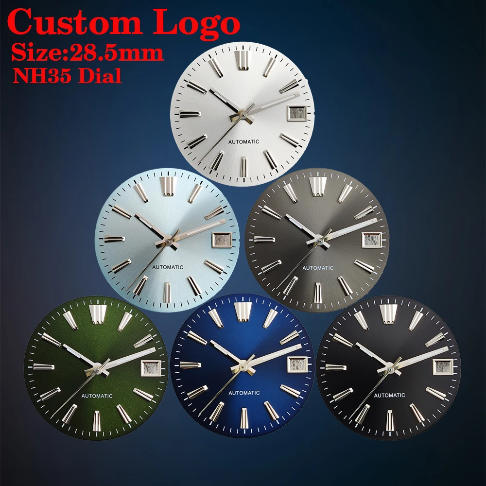 Esfera sin marcar NH35 de 28,5 mm, logotipo personalizable, esfera de reloj Sunburst, adecuada para accesorios de reloj con movimiento NH35