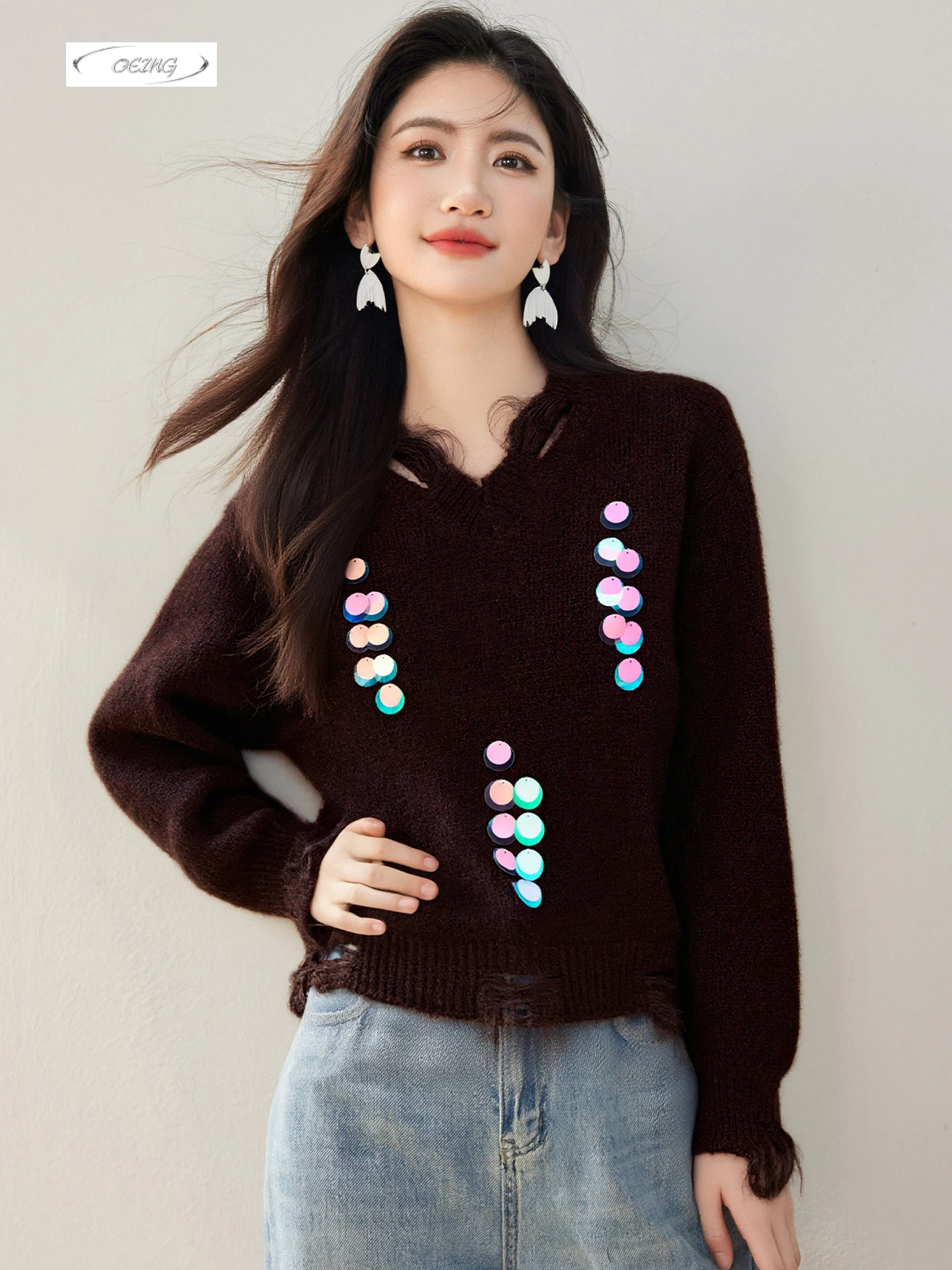 

Women Fashion V-neck Hole Sequins Knitted Pullover Sweater Tops Autumn Winter Elegant Loose Long Sleeve Bottoming Shirt 9724