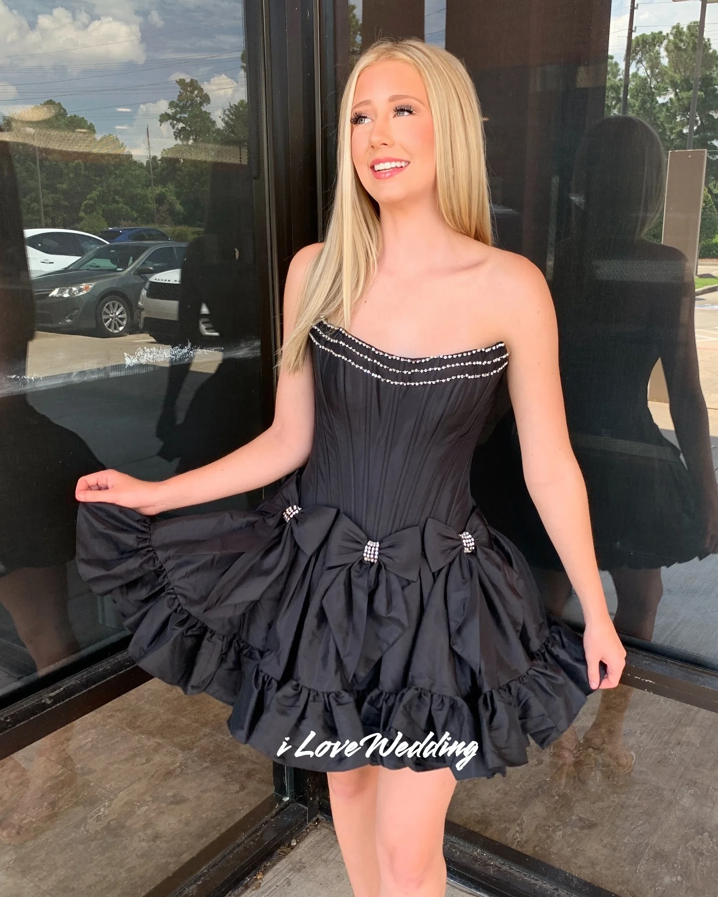 

Черное платье для выпускного вечера из бисера без бретелек без рукавов с бантом мини-короткая юбка Festa платье на день рождения Vestidos De плиссированное современное индивидуальное платье