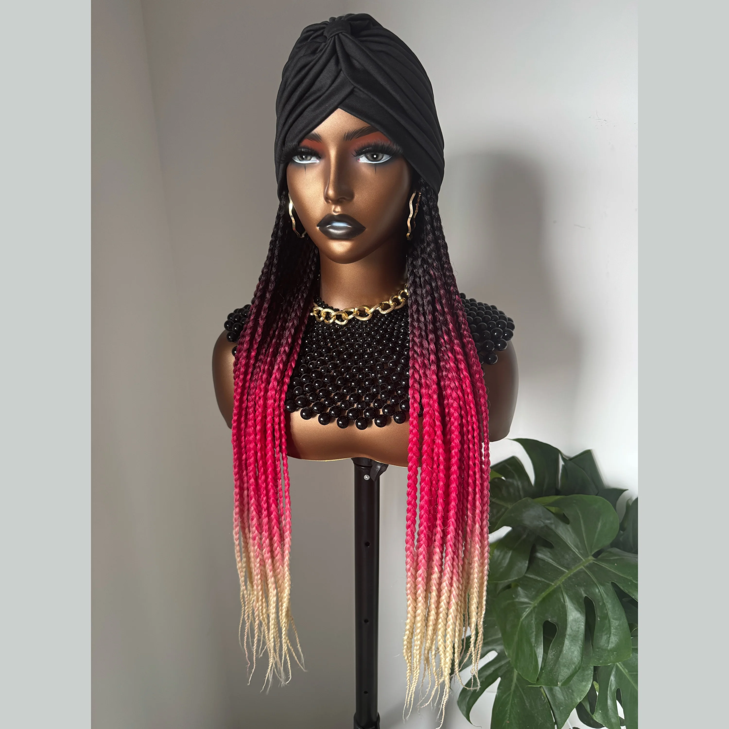 Peruca sintética trançada longa com headband, ombre, preto, rosa, vermelho, bege, loiro mel, trançando, extensões de cabelo para mulheres, 24"