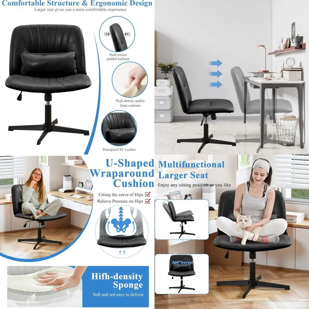 

Adjustable Swivel Armless Office Chair with Wide Legs and Pillow for Home and Dressing Room Use (Black)