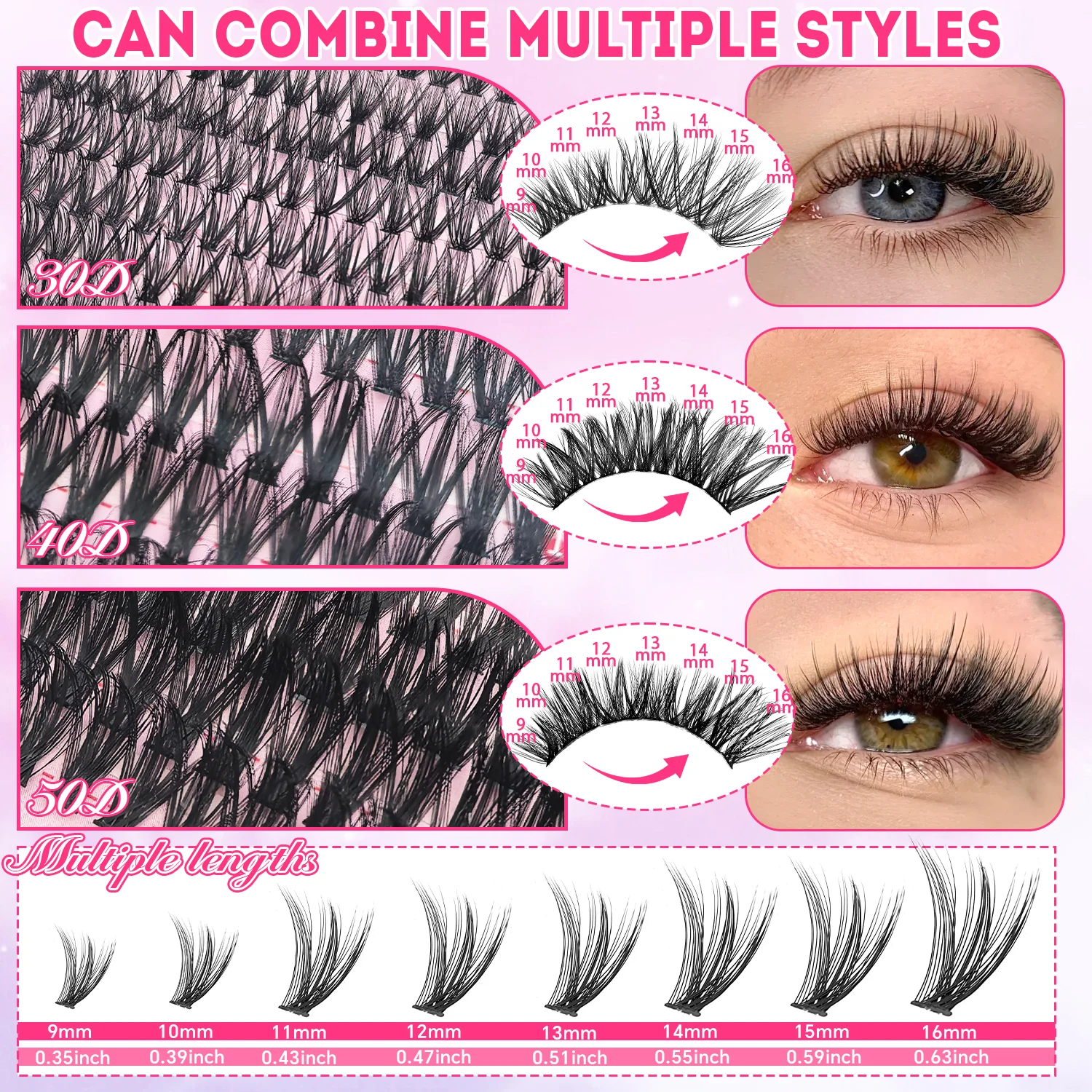 Kit de grappes de cils individuelles-200/640/690/740 pièces cils bouclés D Extra épais Look de cils vaporeux, maquillage pour les yeux de qualité Salon