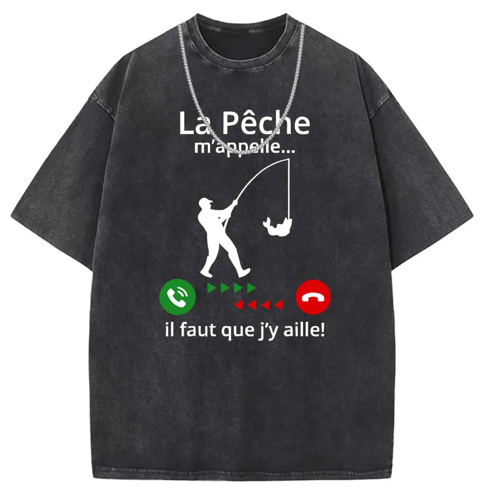 La Peche Il Faut Que J'y Aille Man Funny Fishing T-shirts Vintage Long Sleeve Tee Shirt Men Washed England Style Sweatshirts