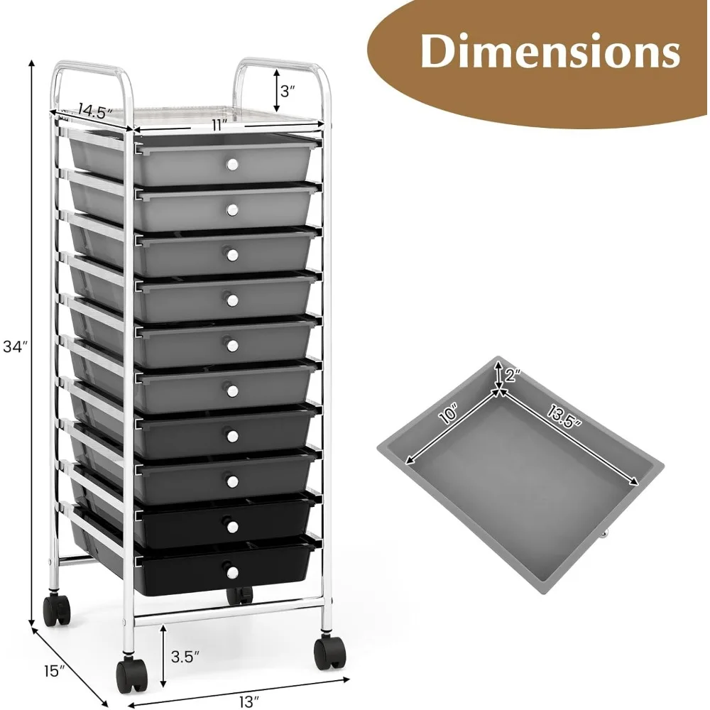 عربة تخزين دوارة ذات 10 أدراج مع أدراج قابلة للإزالة وإطار فولاذي، عربة متنقلة متعددة الاستخدامات مع عجلات عالمية لـ Versati #3