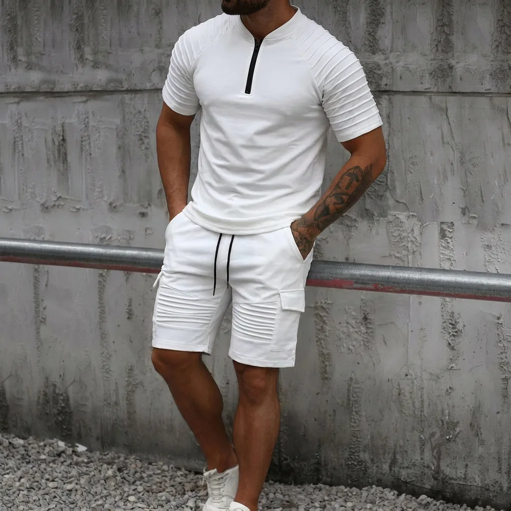 

Summer Men's suit 2026 New Pleated design Stand collar short sleeved + shorts 2-Piece Set daily outdoor Men's Casual Sports Set